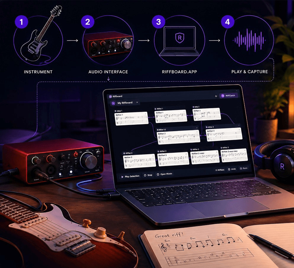 Guitar, audio interface, and laptop running Riffboard, with a four-step capture path from instrument to play and capture